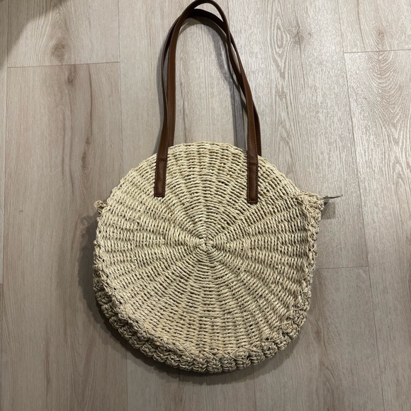 Cream and Brown Woven Tote with Structured Design - Picture 1 of 6